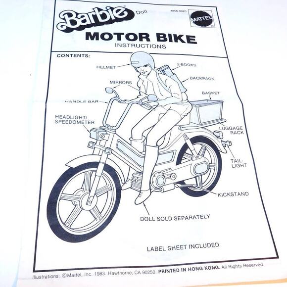 1983 Mattel's Barbie Motor Bike W/Basket, Helmet & Instructions - Picture 9 of 13